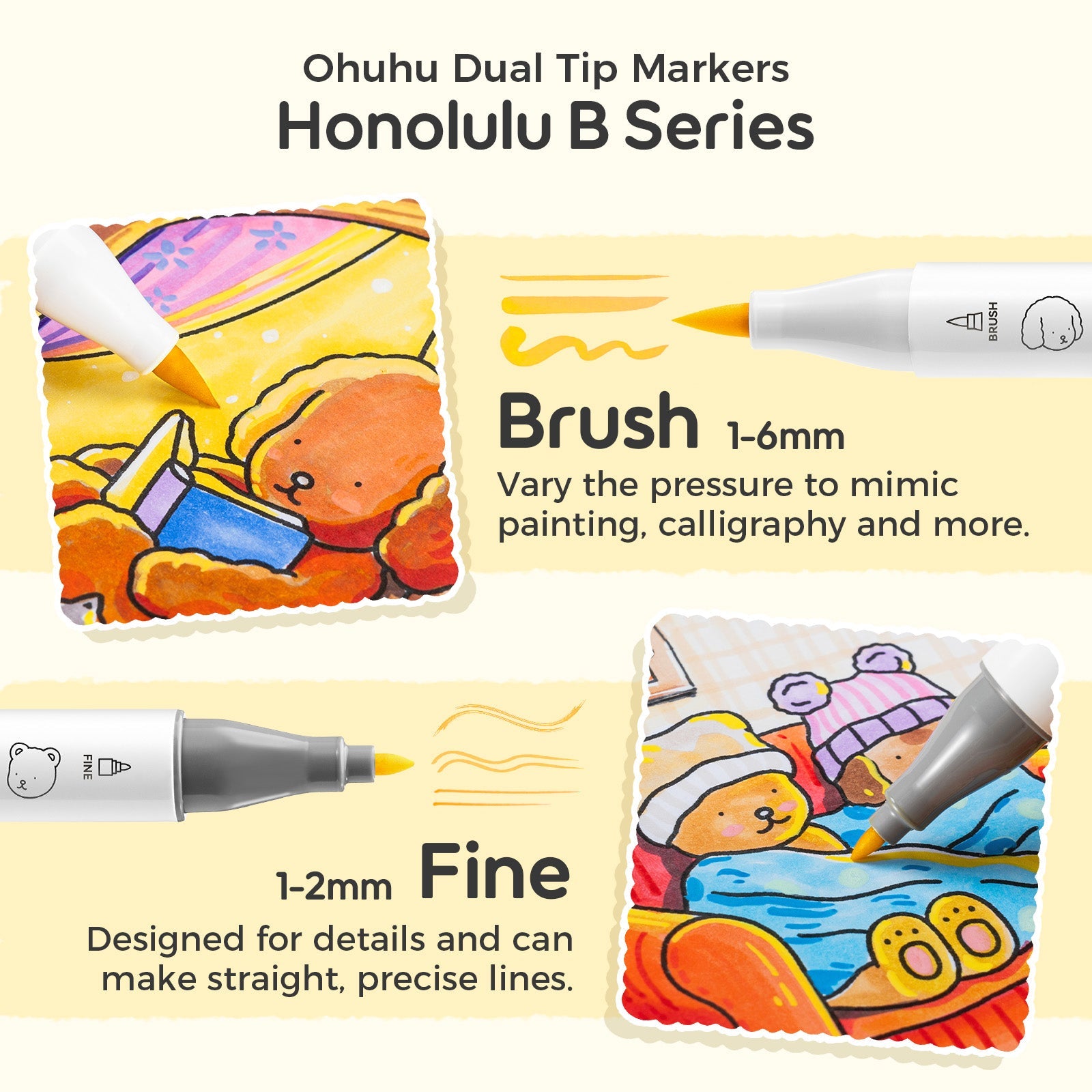 Ohuhu x Bobbie Goods Honolulu B 48 Colors Dual Tips Alcohol Art Markers, Brush & Fine