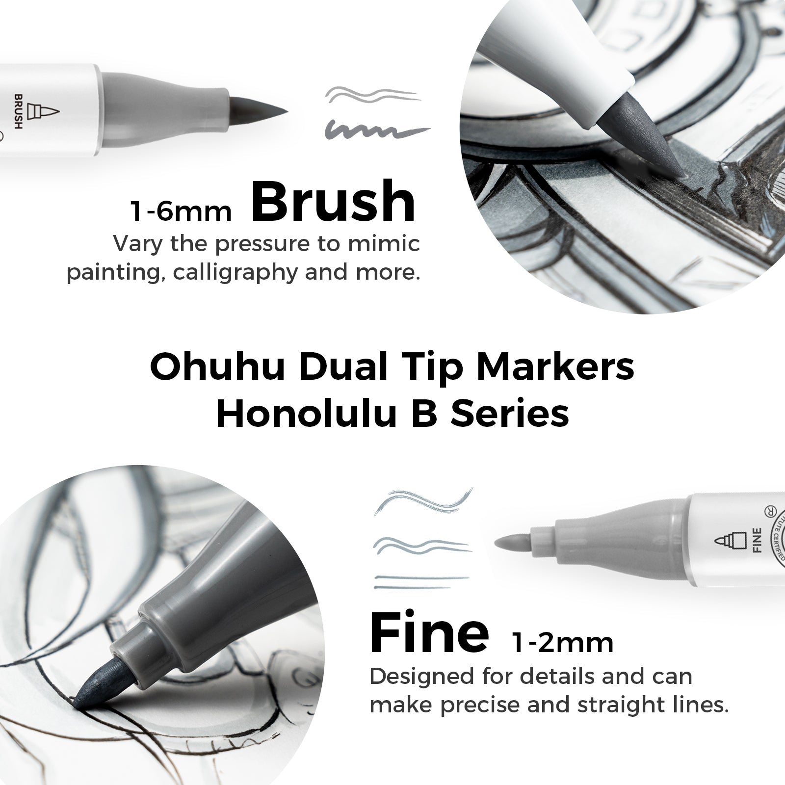 Ohuhu Honolulu 36 Gray Tone Colors Dual Tips Alcohol Art Markers (New Version)