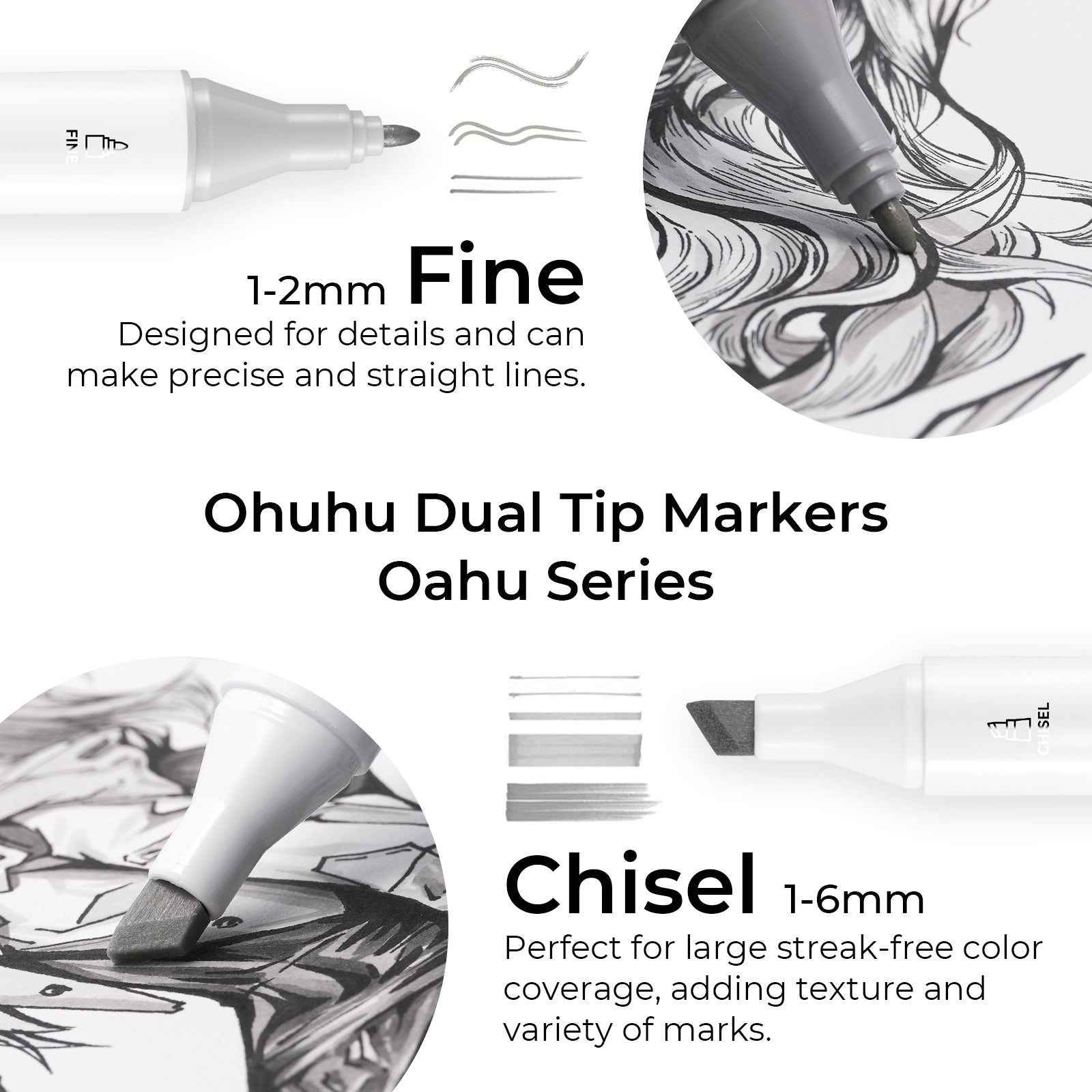Ohuhu Oahu 36 Gray Tone Colors Dual Tips Alcohol Art Markers Set, Fine & Chisel (New Version)