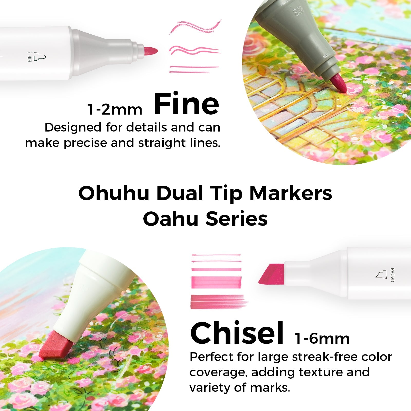 Ohuhu Oahu 48 Pastel Colors Dual Tips Alcohol Art Markers, Fine & Chisel