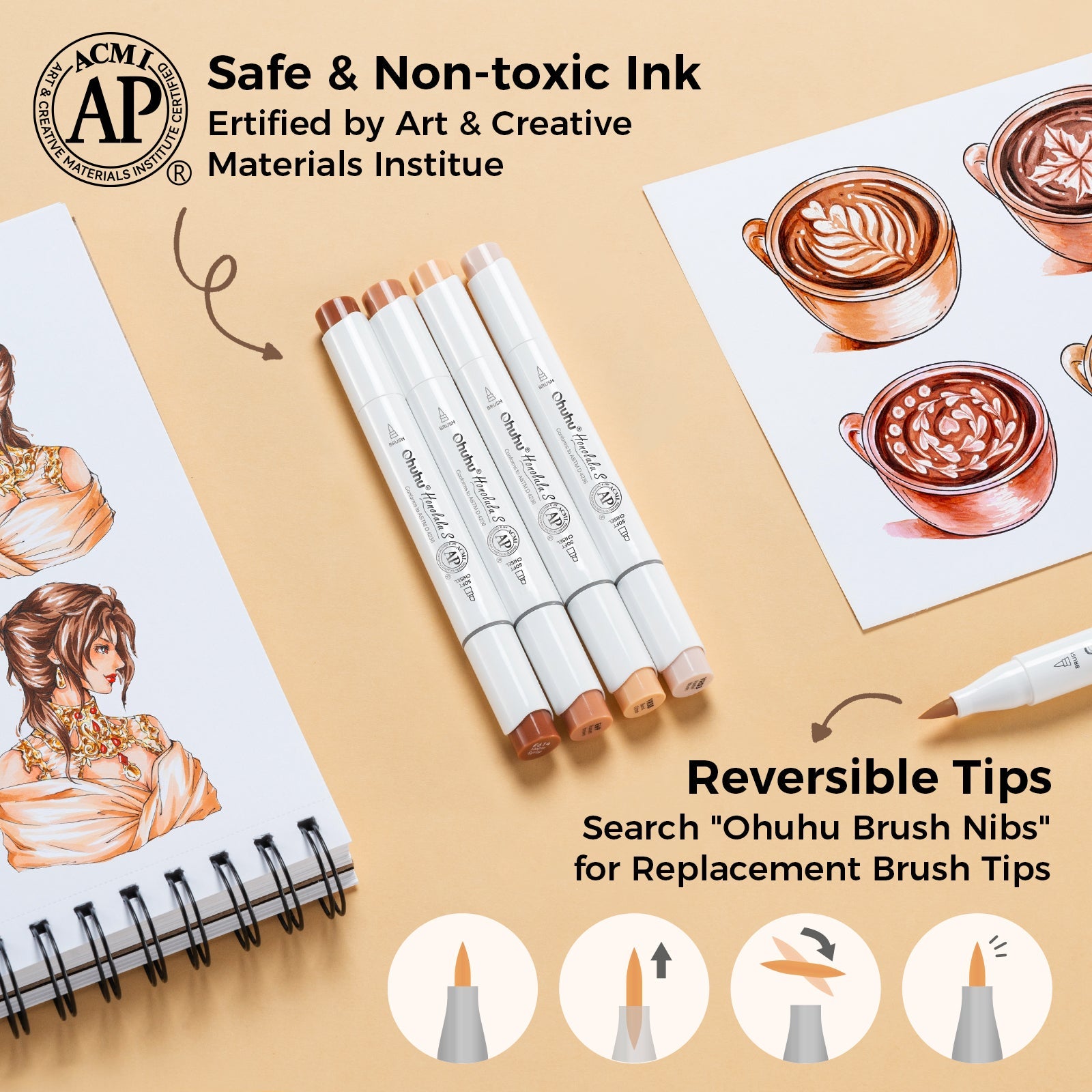 Ohuhu Honolulu S 24 Skin Tone Colors Dual Soft Tips Alcohol Art Markers, Brush & Soft Chisel