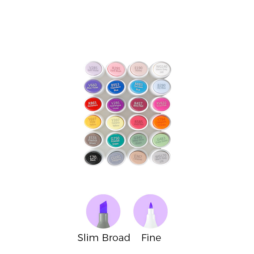 Ohuhu Kaala Slim Broad and Fine Dual Tips Alcohol Art Markers - 24 Basic Colors